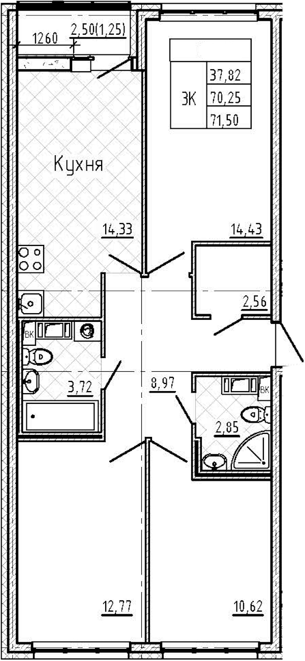 3-комнатная квартира 71.5 м², 5/6 эт., ЖК «Master Place»